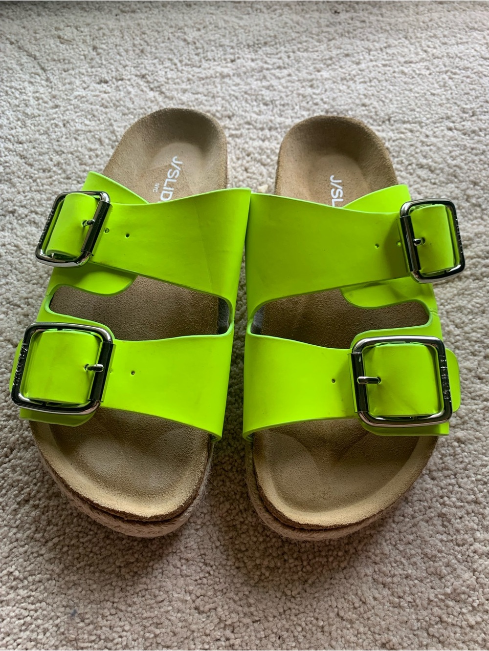 J/SLIDES Neon Lime Double Buckle Slide Sandals